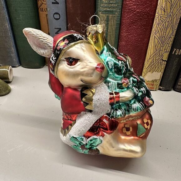 Fitz and Floyd Lodge Rabbit Blown Glass Ornament Bunny Hugging Christmas Tree - Picture 1 of 9